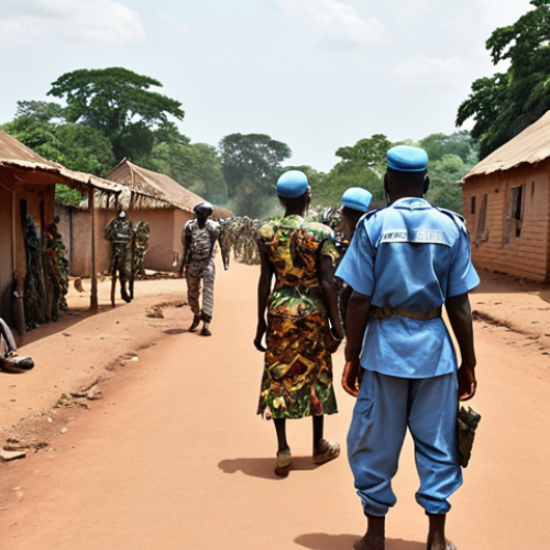 Home 15 **A war-torn Central African Republic village, showing displaced families, with UN peacekeepers in the background, representing the ongoing civil war and international efforts for peace.** (Focus: Current situation, humanitarian crisis)