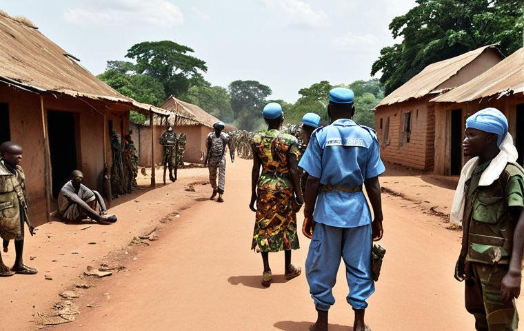 **A war-torn Central African Republic village, showing displaced families, with UN peacekeepers in the background, representing the ongoing civil war and international efforts for peace.** (Focus: Current situation, humanitarian crisis)