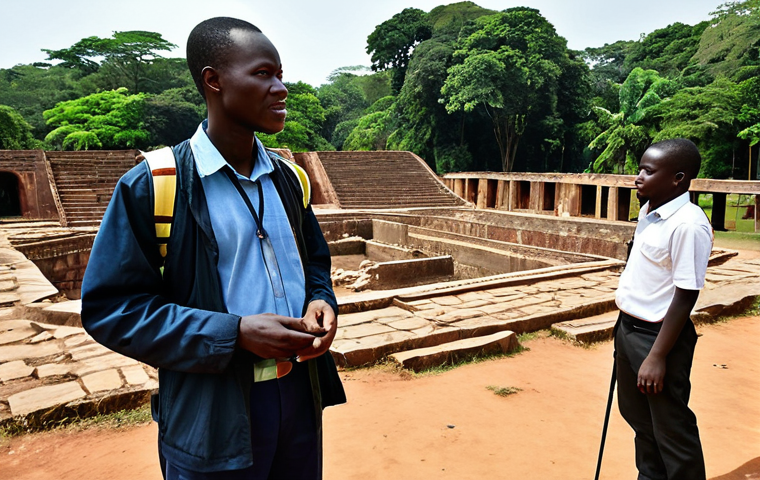 Historical Site Guide**
"A fully clothed, professional tour guide standing in front of the Manovo-Gounda St Floris National Park ruins in Central African Republic, explaining its history to a small group of tourists. The guide is wearing modest clothing suitable for the environment. Background shows the historical park. Safe for work, appropriate content, perfect anatomy, correct proportions, natural pose, professional photography, high quality, family-friendly."
**
