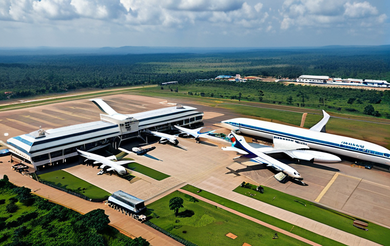 **
"Aerial view of Bangui M'Poko International Airport, Central African Republic, during daytime. Focus on the modern terminal buildings, parked airplanes, and surrounding landscape. Appropriate attire, safe for work, perfect anatomy, natural proportions, professional photography, high quality, family-friendly. Fully clothed."
**